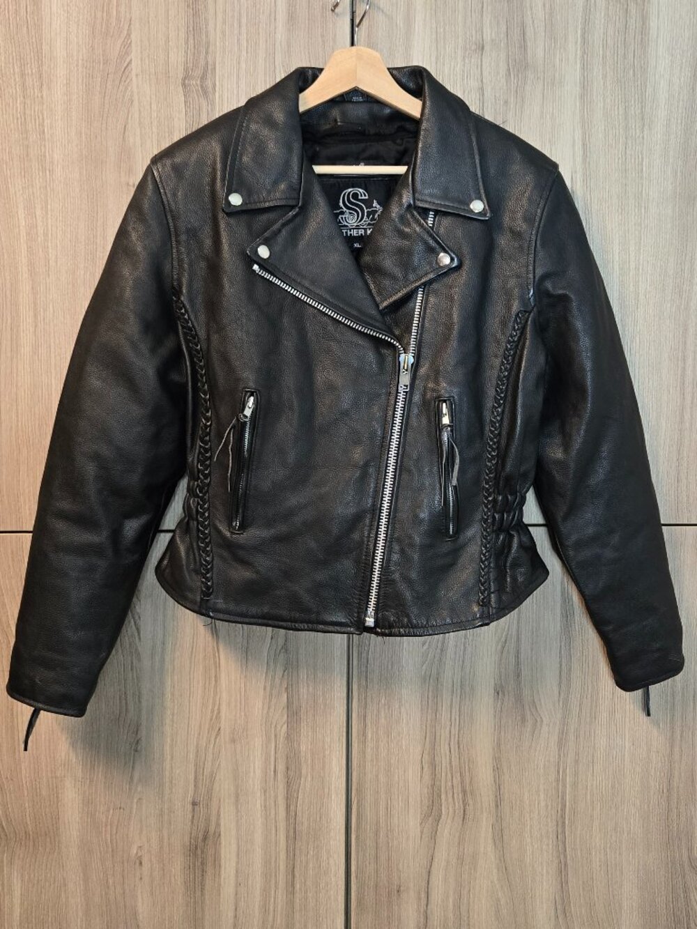 Leather King Motorcycle Jacket Womens Asymmetrical Zip Braided Seam Studded XL